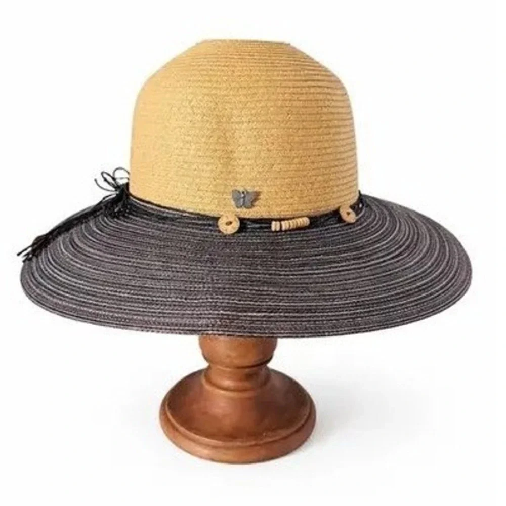 Kallina Sun Hat Tan Blue UPF 50+ Beaded Butterfly Wide Brim Coastal Beach Resort